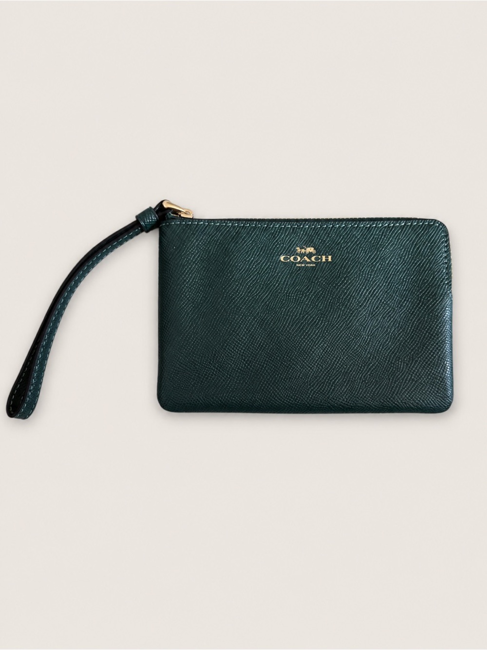 Coach Hunter Green Pebbled Leather Wristlet Zip Pouch Wallet Clutch